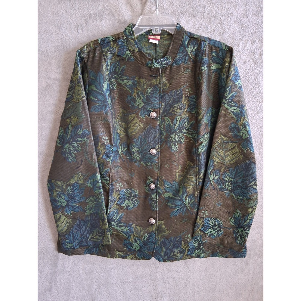 Tudor Court Jacket Lg Artsy Jewel Green Blue Floral Brocade Mandarin Collar Vtg